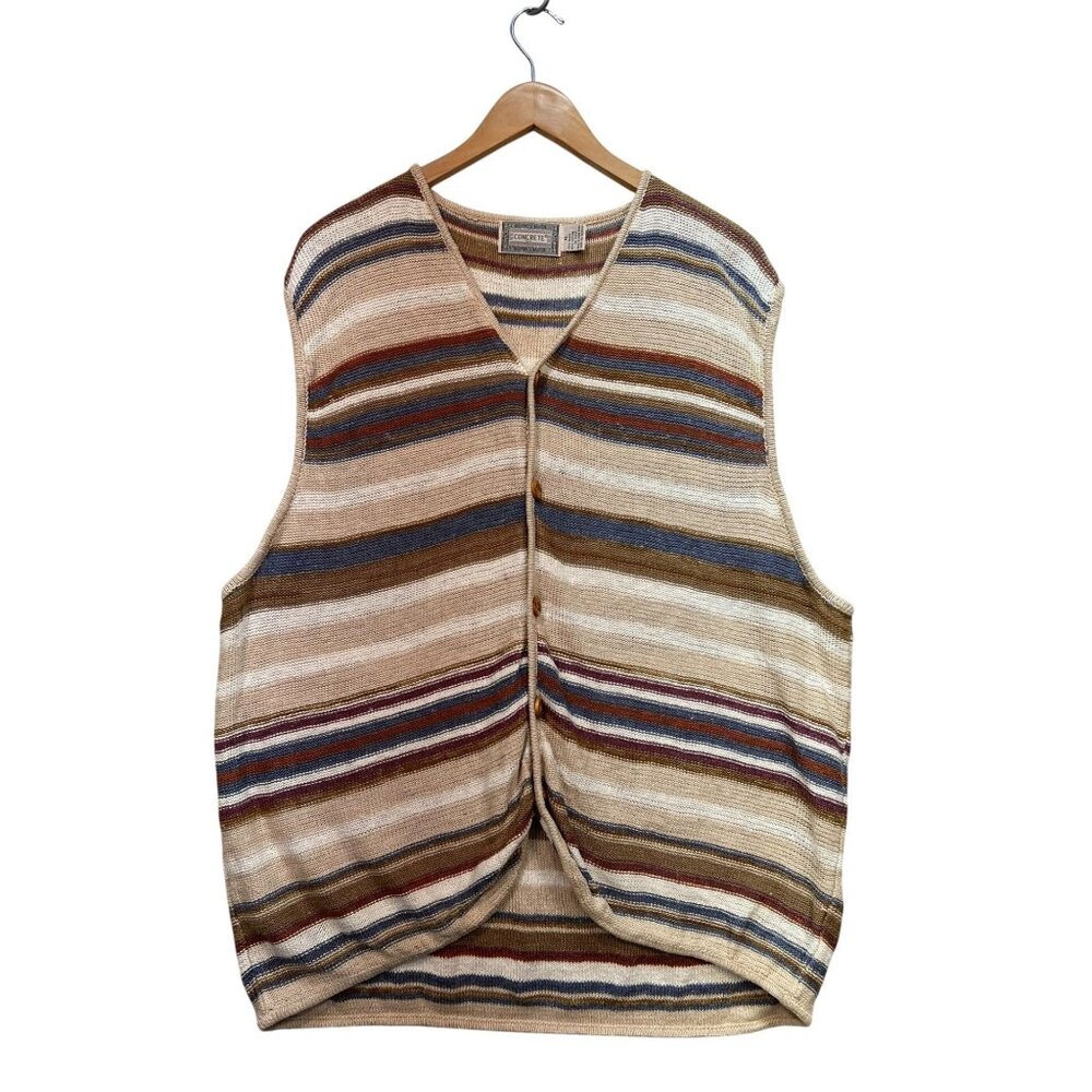 Vintage Concrete Womens Button Up Vest Sweater Size XL Brown Knitted Striped Y2K
